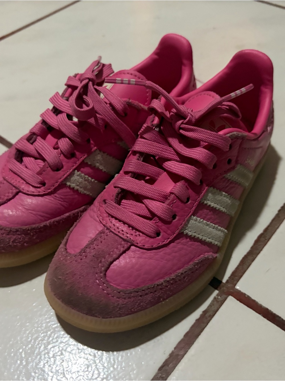 adidas Kids Pink Leather & Suede Three-Stripe Sneakers